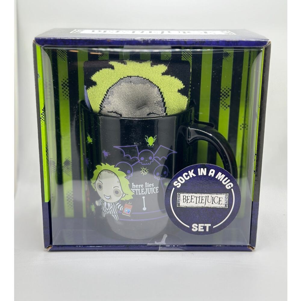 Beetlejuice Mug And Sock Gift Set 11oz Cup Sock Size 8-12